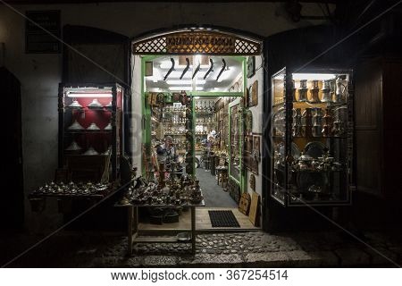 Sarajevo, Bosnia - April 15, 2017: Souvenir Shop In Bascarsija District Of Sarajevo At Night, With T
