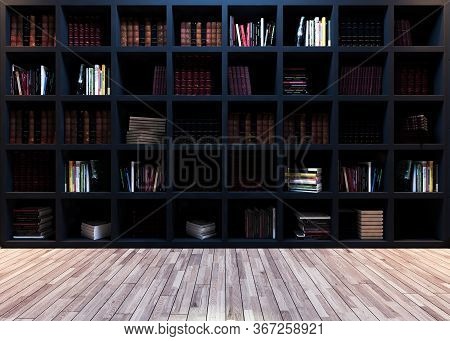 Modern Library Design, Black Bookshelf With Wooden Parquet Realistic 3d Rendering