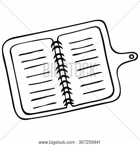 A spring-loaded Notepad with a button. Sketch. Daily planner. Open. Outline on an isolated white background. Doodle style. A notebook for keeping a to-do list. Personal diary. A book for notes. Doing business. Office supplies for work and study.