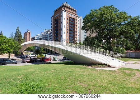 Cordoba Argentina January 4, Cyclist On Tejas Bridge That Connects The City To The Campus Of The Nat