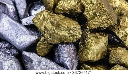 Gold And Silver Nuggets Heaped, Pile Of Precious Stones. Wealth Or Fortune Concept.