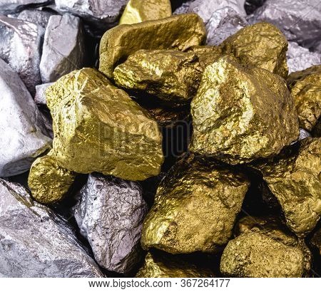 Gold And Silver Nuggets Heaped, Pile Of Precious Stones. Wealth Or Fortune Concept.