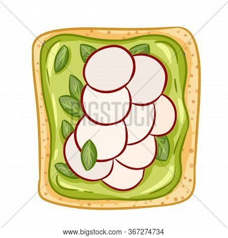 Toast Bread Isolated Icon On White Background. Sandwich With Radish And Green Spread Healthy Doodle.