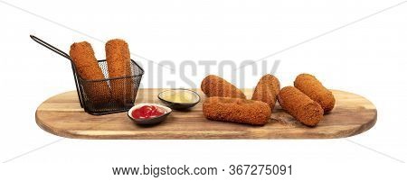 Brown Crusty Dutch Kroketten On A Serving Tray Isolated On A White Background