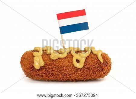 Brown Crusty Dutch Kroket With Mustard Topping Isolated On A White Background