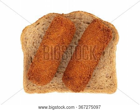 Brown Crusty Dutch Kroketten On A Piece Of Bread, Isolated On A White Background