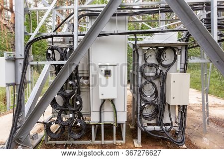Climatic Vandal-proof Cabinets With Microwave Equipment And Power Cables, Coaxial Cables, Optic Fibe