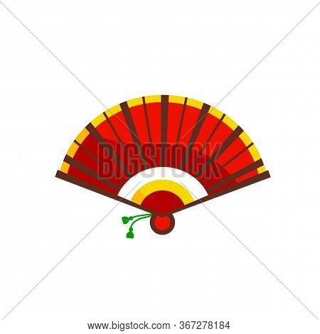 Chinese Hand Fan. Opened Oriental Paper Folding Fan With Traditional Ornament In Flat Style. Beautif