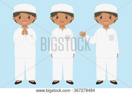 Happy Muslim African American Boy In White Koko Shirt And Kopiah Hat, Smiling And Waving Hand, Isola