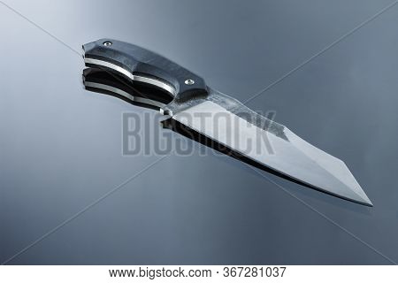 All-metal, Tactical, Kitchen Knife On A Mirror Surface, Handwork, Steel Blade, Blade Forging Marks