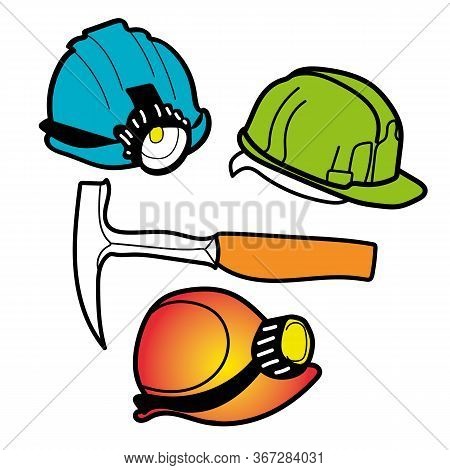 Realistic Set Of Different Colors Of Protective Helmets With And Without A Flashlight And Geological