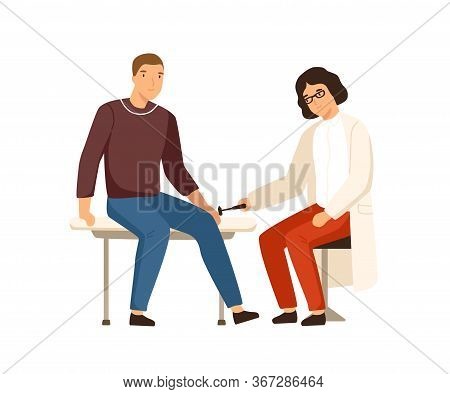 Female Neuropathologist Examining Male Patient Use Reflex Hammer Vector Flat Illustration. Man Visit