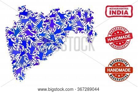 Vector Handmade Collage Of Maharashtra State Map And Grunge Watermarks. Mosaic Maharashtra State Map