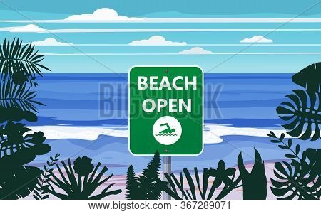 Summer Beach Banner Open. Seascape Ocean Shore Tropical Flora Palms. Opening Season Vacation. Vector