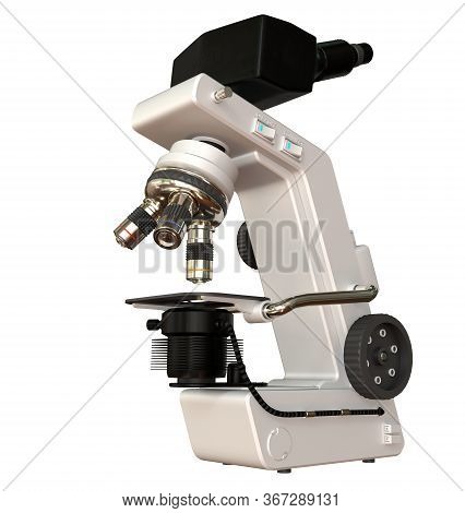 White Lab Microscope With Fictive Design Isolated On White - Detailed Realistic 3d Illustration Of O