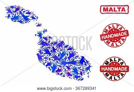 Vector Handmade Combination Of Malta Map And Rubber Stamp Seals. Mosaic Malta Map Is Made With Scatt