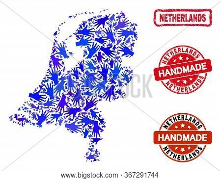 Vector Handmade Composition Of Netherlands Map And Grunge Seals. Mosaic Netherlands Map Is Created O