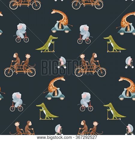 Beautiful Vector Seamless Pattern For Children With Watercolor Hand Drawn Cute Animals On Transport.