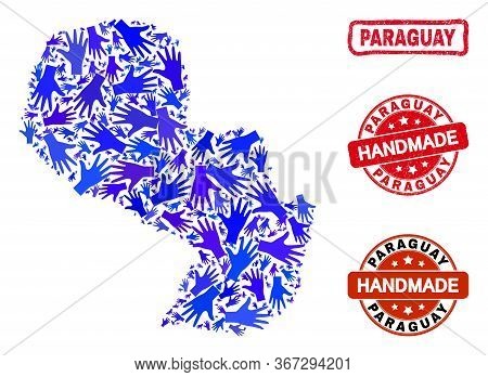 Vector Handmade Composition Of Paraguay Map And Rubber Watermarks. Mosaic Paraguay Map Is Constructe