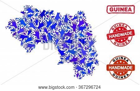 Vector Handmade Collage Of Republic Of Guinea Map And Textured Watermarks. Mosaic Republic Of Guinea