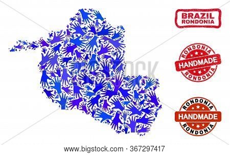 Vector Handmade Collage Of Rondonia State Map And Scratched Stamp Seals. Mosaic Rondonia State Map I