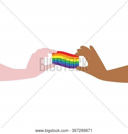 Vector Illustration Of Different Color Hands Carefully Holding Rainbow Lgbt Flag. Igbt, Freedom Love