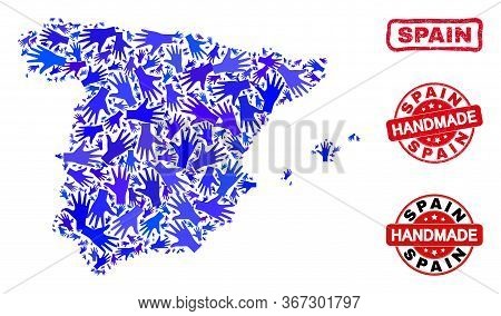 Vector Handmade Combination Of Spain Map And Grunge Watermarks. Mosaic Spain Map Is Created Of Scatt