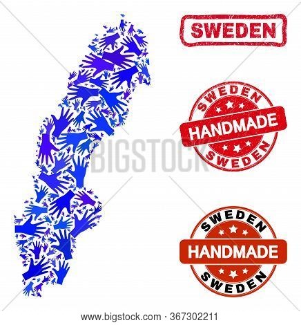 Vector Handmade Combination Of Sweden Map And Rubber Stamp Seals. Mosaic Sweden Map Is Designed Of R