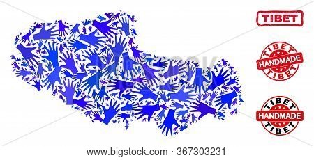 Vector Handmade Composition Of Tibet Map And Corroded Stamp Seals. Mosaic Tibet Map Is Composed Of R