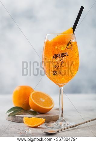 London, Uk - May 20, 2020: Aperol Spritz Aperitivo Summer Cocktail Drink In Original Glass With Oran