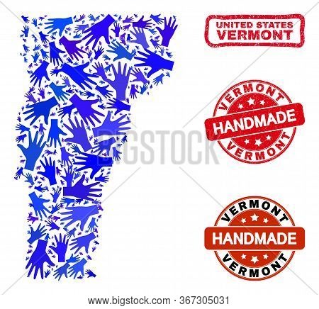 Vector Handmade Composition Of Vermont State Map And Scratched Stamp Seals. Mosaic Vermont State Map