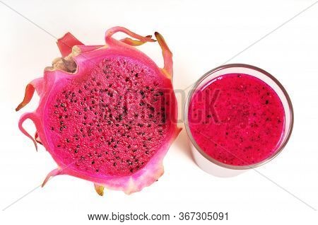 Top View Of 
Red Dragon Fruit Smoothies In Glasses Isolated On White Background. Pitahaya Fruit. Dra