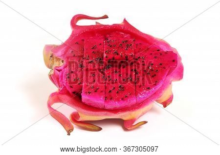 Pitahaya Fruit, Dragon Fruit Isolated On White Background. Sliced Dragon Fruit. Half Sliced Dragon F