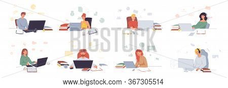 People Working, Studying On Laptop Sitting At Table At Home, In Office Scene Set. Man Woman Freelanc