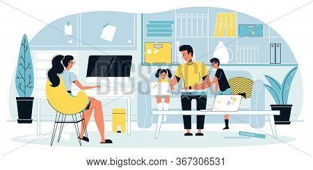 Busy Mother Freelancer Engaged In Online Work At Computer. Father Teaching Kid To Use Laptop, Doing 