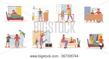 Happy Mother Son Everyday Activity Daily Life Schedule Scene Set. Mom Wake-up, Feed, Teach Boy Math,