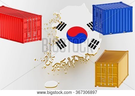 3d Map Of Korea. Freight Shipping In Containers. Export From The Country In Containers. 3d Rendering