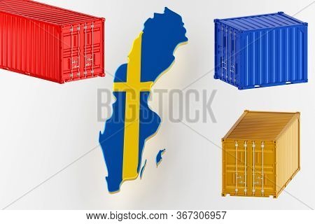 3d Map Of Sweden. Freight Shipping In Containers. Export From The Country In Containers. 3d Renderin