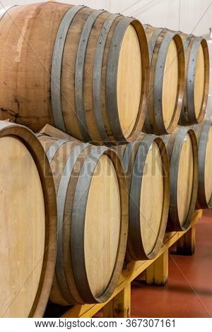 wine cellar with wooden barrels, Southern Moravia, Czech Republic