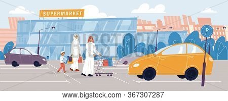 Happy Arab Family Going To Grocery Store. Daily Routine, Everyday Activity, Food Shopping. Father, M