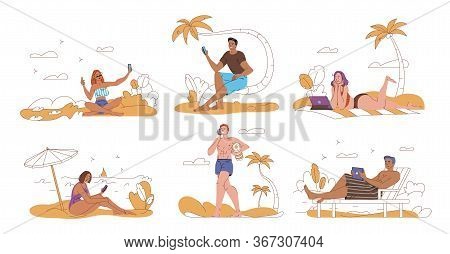 People Tourist Surfing Internet Using Mobile Gadgets. Man Woman Taking Selfie, Having Call, Watching