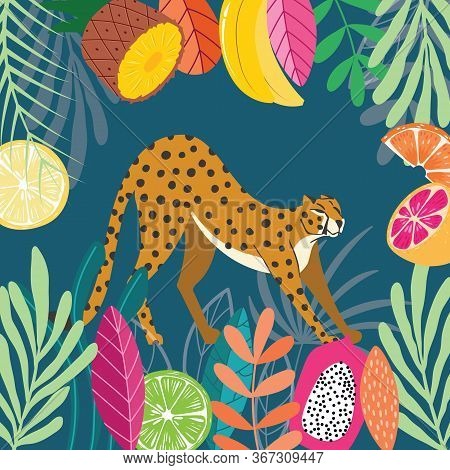 Cute Exotic Wild Big Cat Cheetah Stretching On Dark Tropical Background With Collection Of Exotic Pl