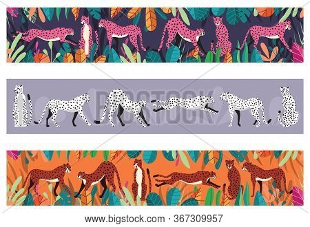 Collection Of Cute Hand Drawn Cheetahs On Horizontal Background, Standing, Stretching, Running And W