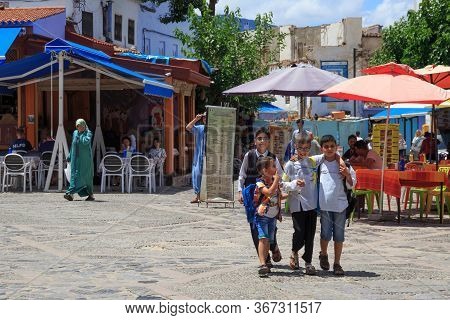 Chefchaouen, Morocco - May 29, 2017: Unknown Children In The Center Of Chaouen. The City Is Noted Fo