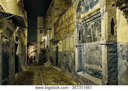 Chefchaouen, Morocco - May 29, 2017: Night View In Medina Of Chefchaouen. The City Is Noted For Its 