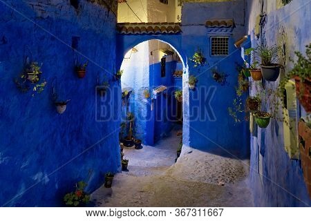 Chefchaouen, Morocco - May 29, 2017: Night View In Medina Of Chefchaouen. The City Is Noted For Its 