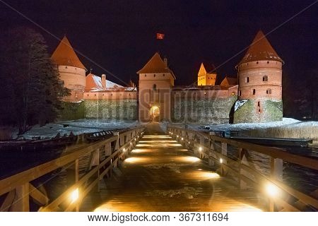 Trakai, Lithuania - December 26, 2018: Night View Of The Trakai Castle In Lithuania, On An Island In