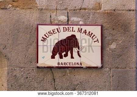 Barcelona, Spain - May 15, 2017: Ceramic Tiles On The Old Wall With Nameplate Of The Mammoth Museum 
