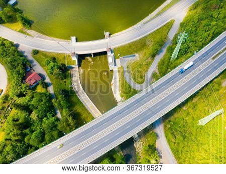 The Ceske Udoli Reservoir on Radbuza River is dam in Pilsen. Aerial view to important source of sustainable energy in Czech Republic.