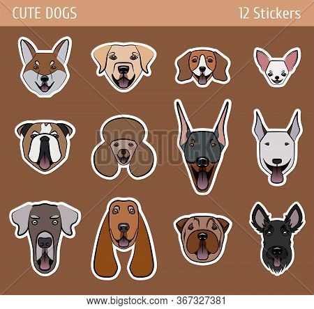 Vector Set Of Muzzles Of Cute Dogs With Their Tongues Hanging Out. A White Outline Is Drawn, You Can